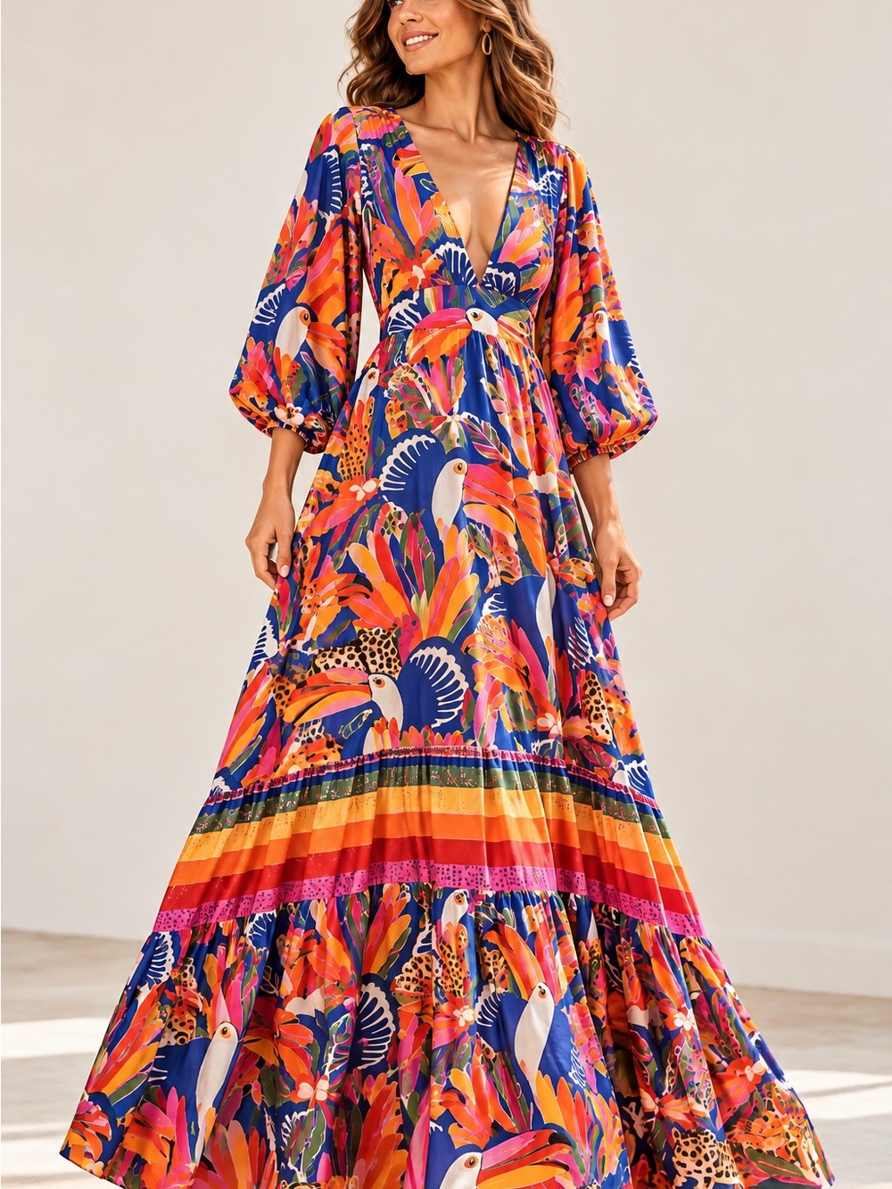 Farm Rio Toucan Tropical Print Plunge Maxi Dress Balloon Sleeve S